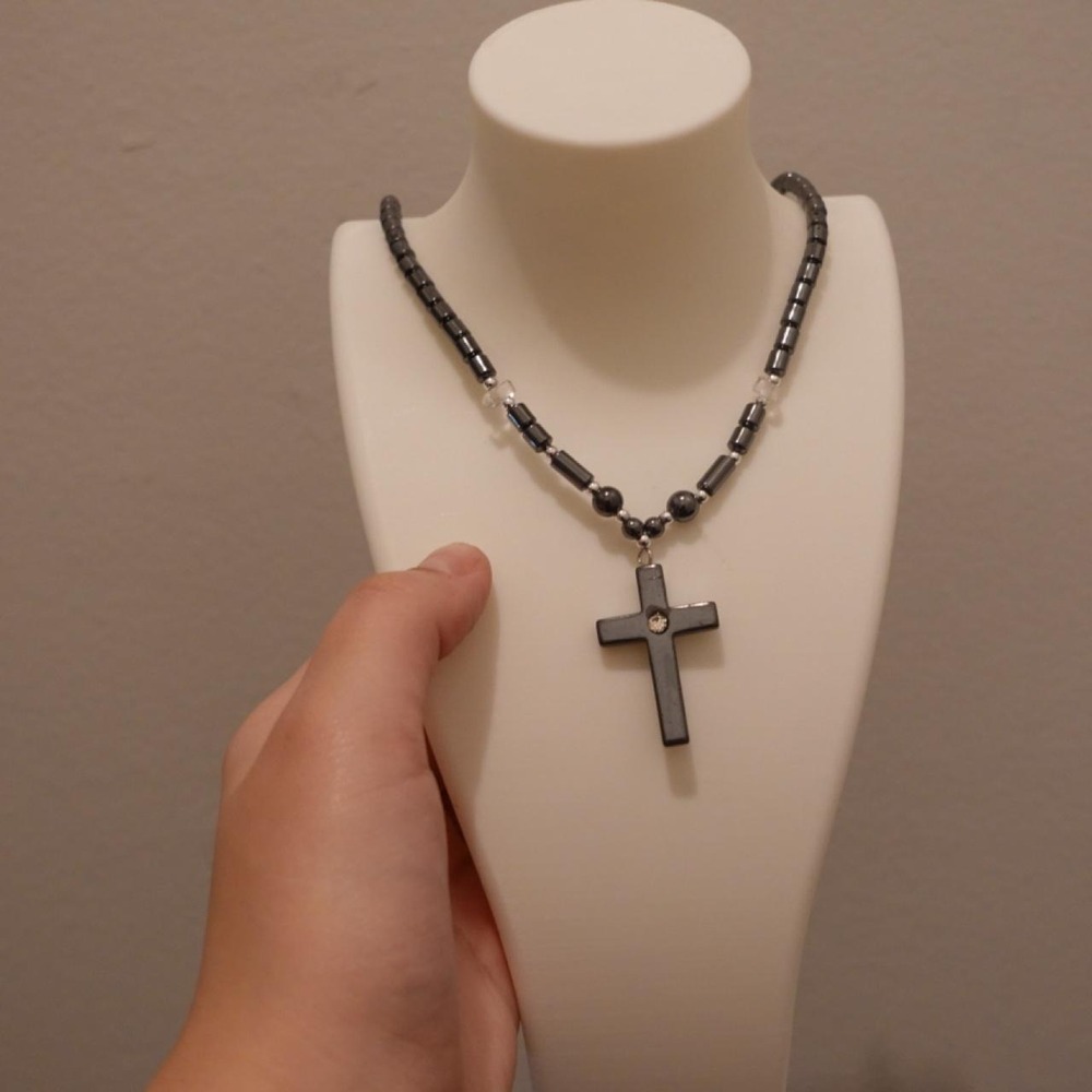 Dark Hematite Tone Cross Pendant Necklace Clear Crystal Gothic Y2K Spiritual